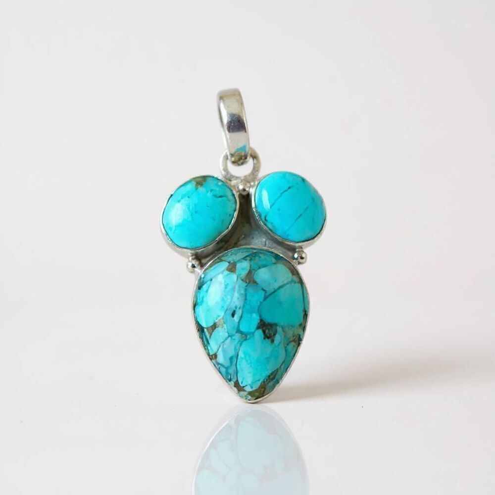 Turquoise Pendant Necklace Southwest Artisan Made Unique Framed Sterling Silver